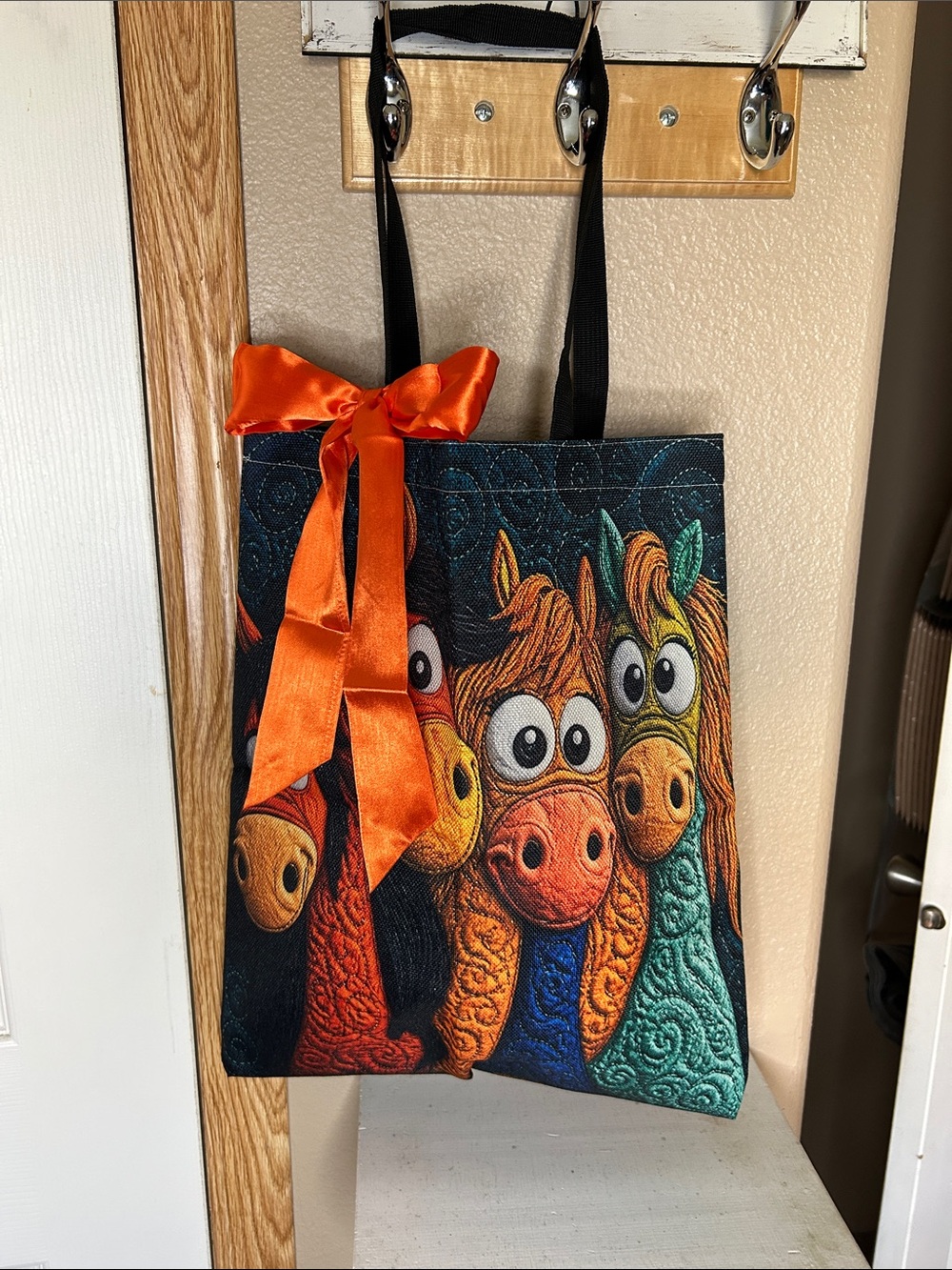 Whimsical Multicolor Horse Polyester Tote Bag with Orange Scarf